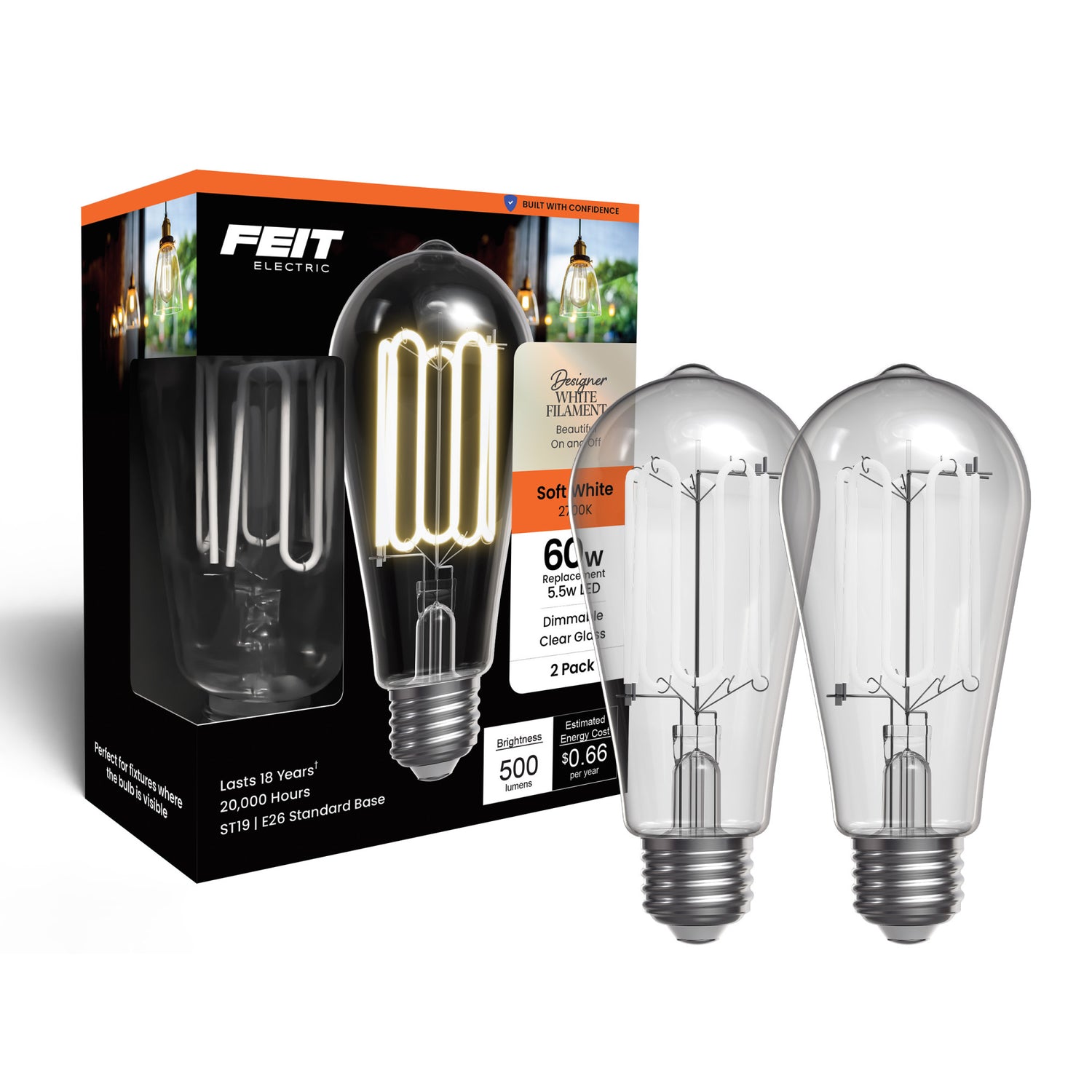 5.5W (60W Replacement) ST19 E26 Dimmable Designer Wound White Filament Edison LED Bulb, Soft White (2-Pack)
