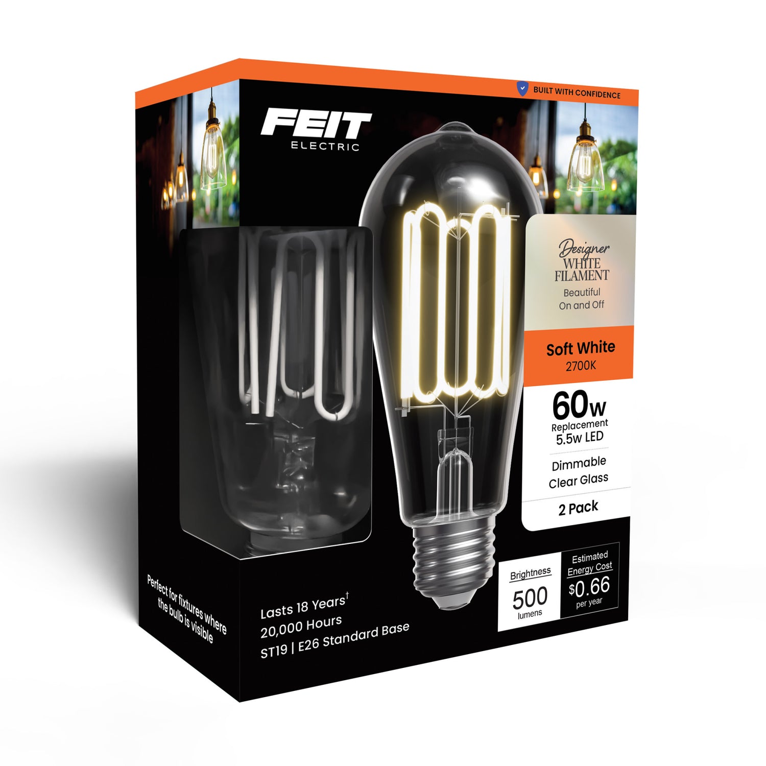 5.5W (60W Replacement) ST19 E26 Dimmable Designer Wound White Filament Edison LED Bulb, Soft White (2-Pack)