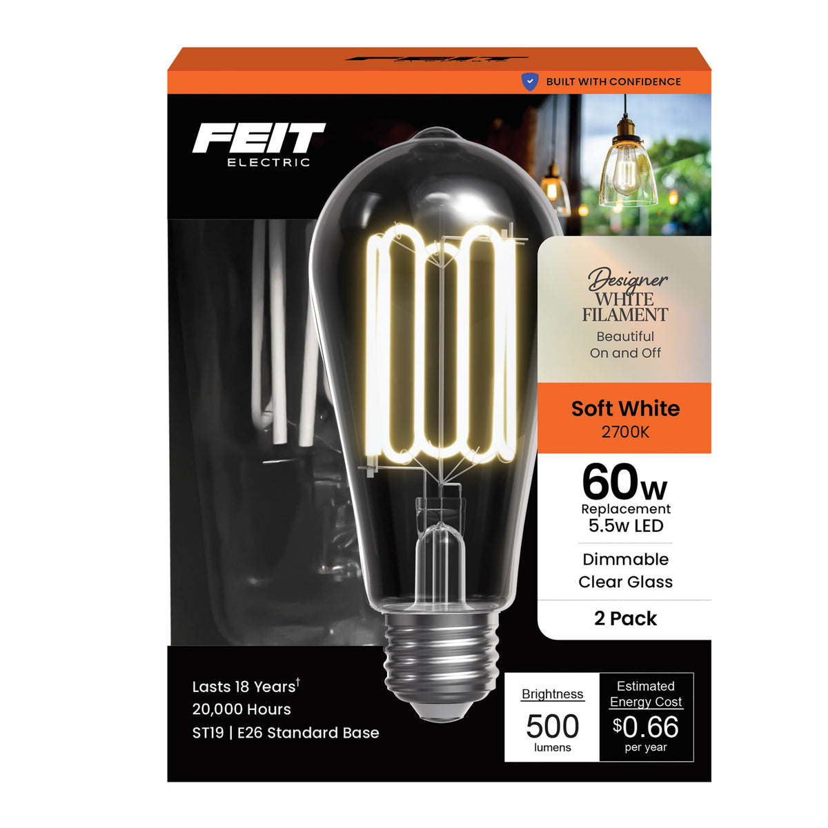 5.5W (60W Replacement) ST19 E26 Dimmable Designer Wound White Filament Edison LED Bulb, Soft White (2-Pack)