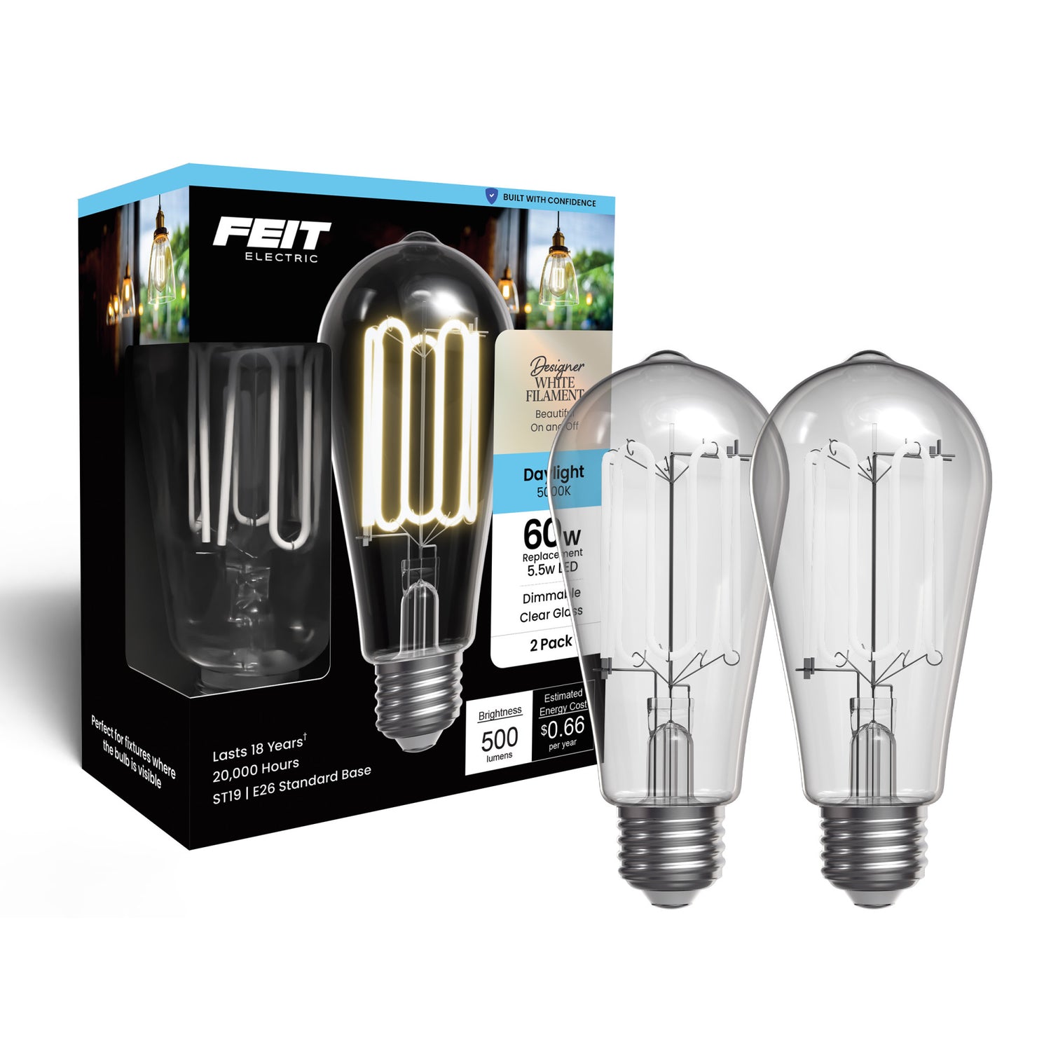 5.5W (60W Replacement) ST19 E26 Dimmable Designer Wound White Filament Edison LED Bulb, Daylight (2-Pack)
