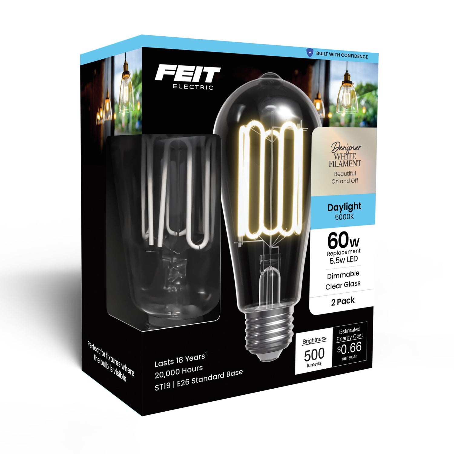 5.5W (60W Replacement) ST19 E26 Dimmable Designer Wound White Filament Edison LED Bulb, Daylight (2-Pack)