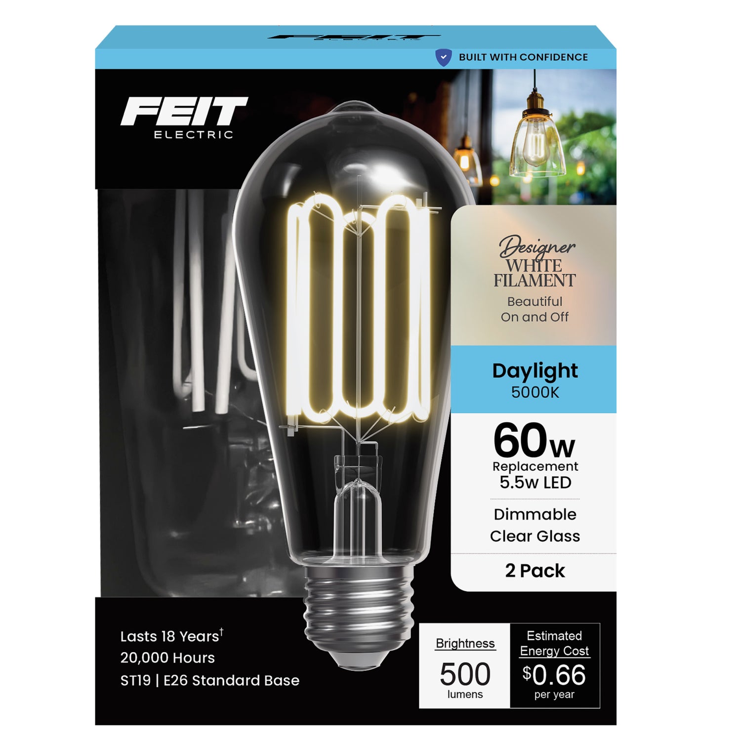 5.5W (60W Replacement) ST19 E26 Dimmable Designer Wound White Filament Edison LED Bulb, Daylight (2-Pack)