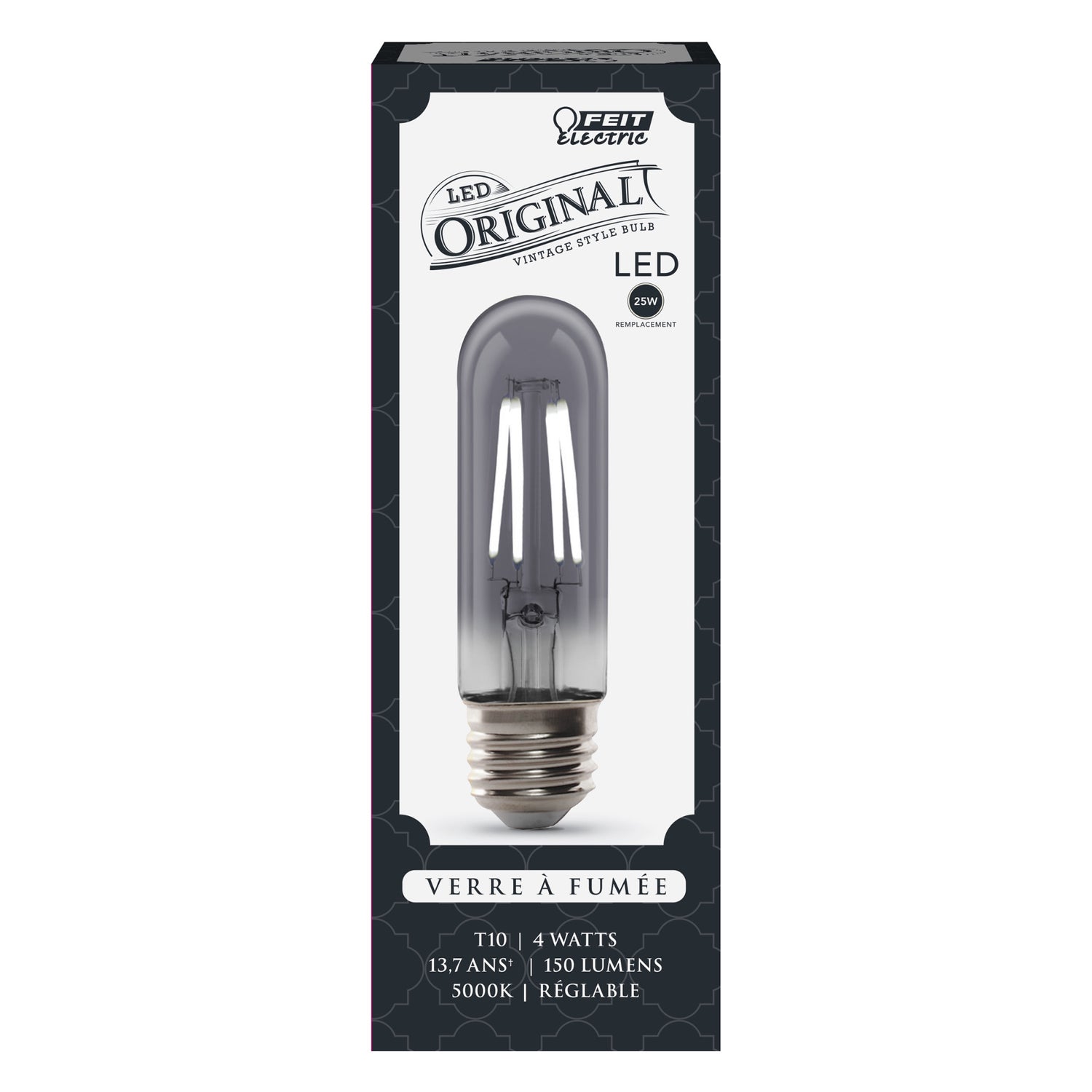 4W (25W Replacement) T10 E26 Dimmable Straight Filament Smoke Glass Vintage Edison LED Light Bulb, Daylight