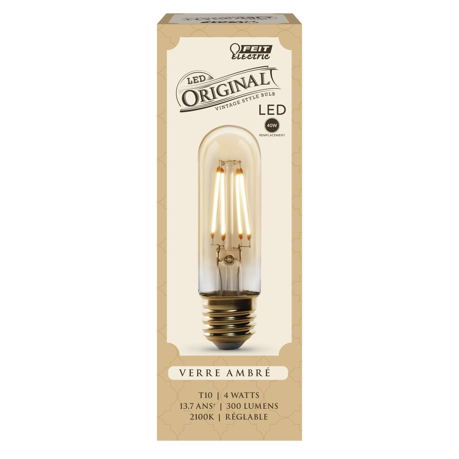 4W (40W Replacement) T10 E26 Dimmable Straight Filament Amber Glass Vintage Edison LED Light Bulb, Soft White