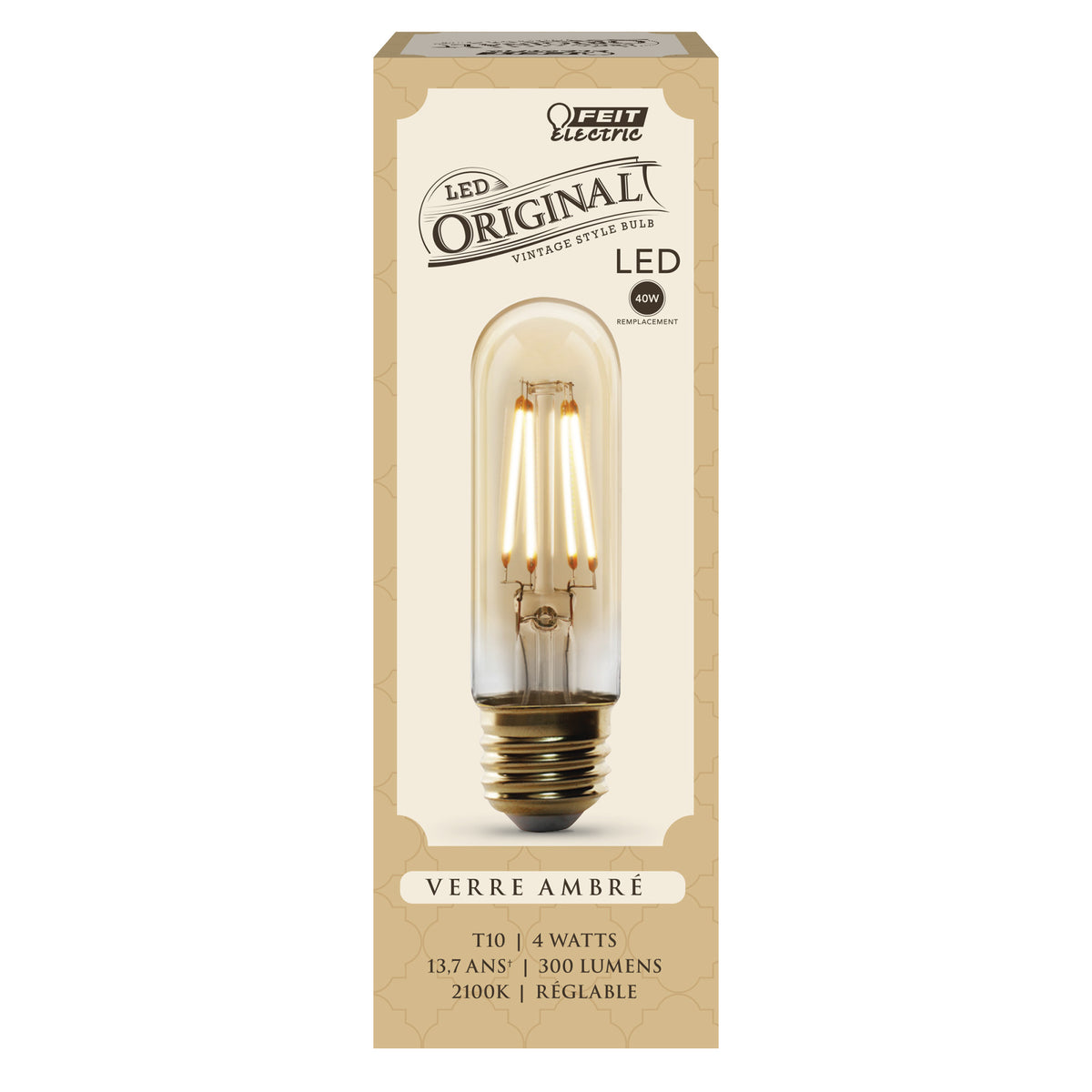 4W (40W Replacement) T10 E26 Dimmable Straight Filament Amber Glass Vintage Edison LED Light Bulb, Soft White