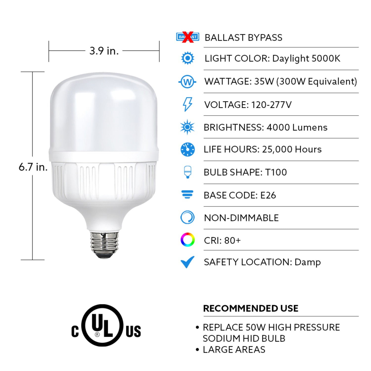 35W (300W Replacement) E26 Base T100 Oversized High Lumen Daylight LED Bulb