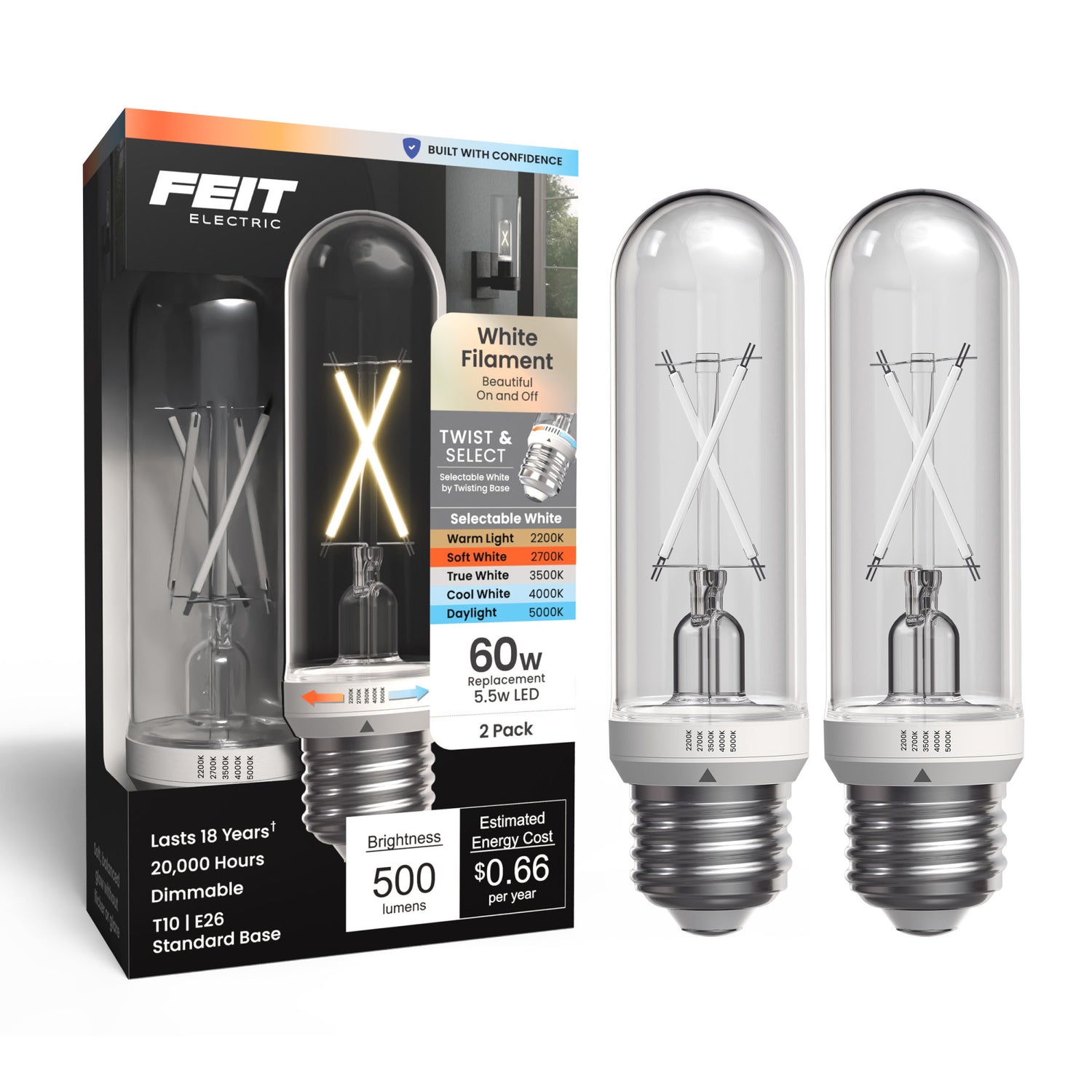 5.5W (60W Replacement) Twist & Select T10 E26 Dimmable White Filament LED Bulb (2-Pack)