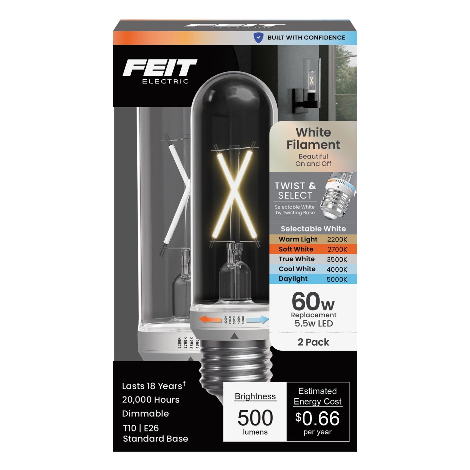 5.5W (60W Replacement) Twist & Select T10 E26 Dimmable White Filament LED Bulb (2-Pack)
