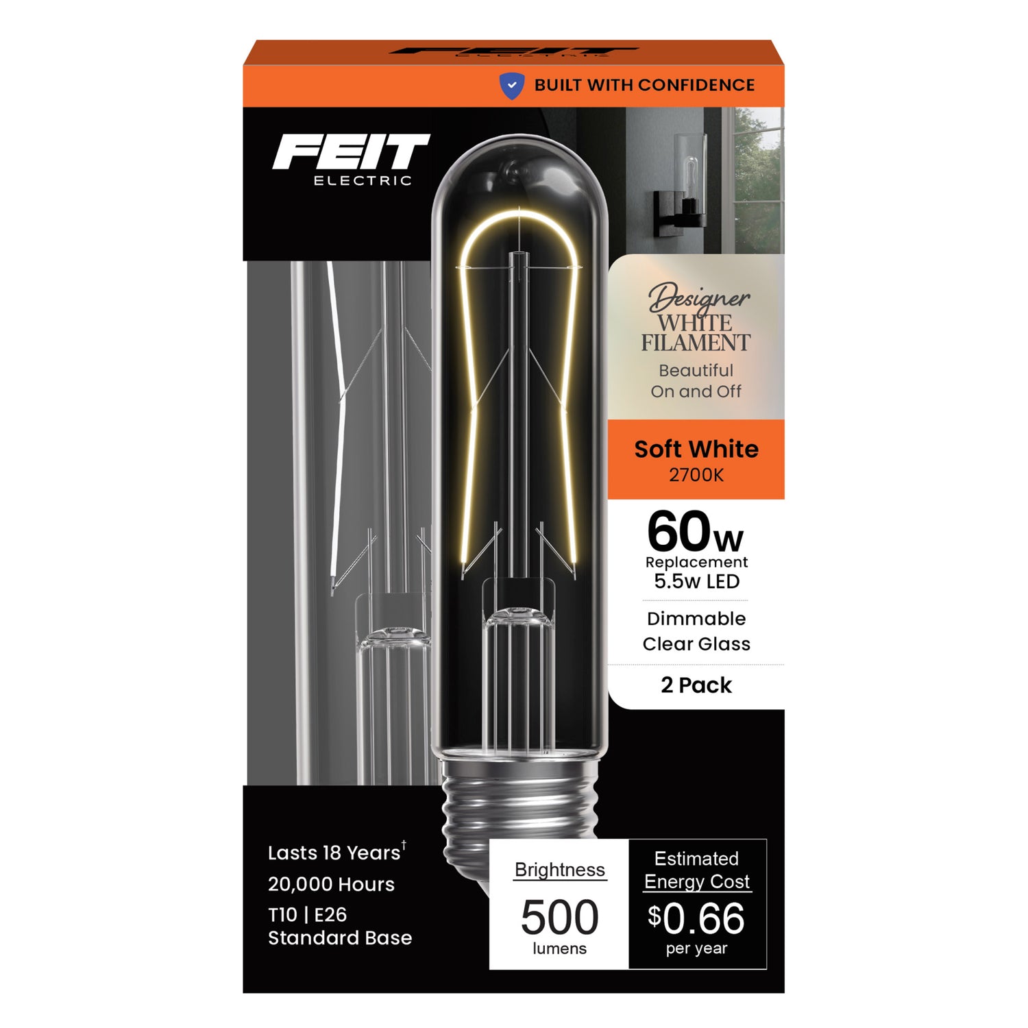 5.5W (60W Replacement) T10 E26 Dimmable Designer U White Filament LED Bulb, Soft White (2-Pack)