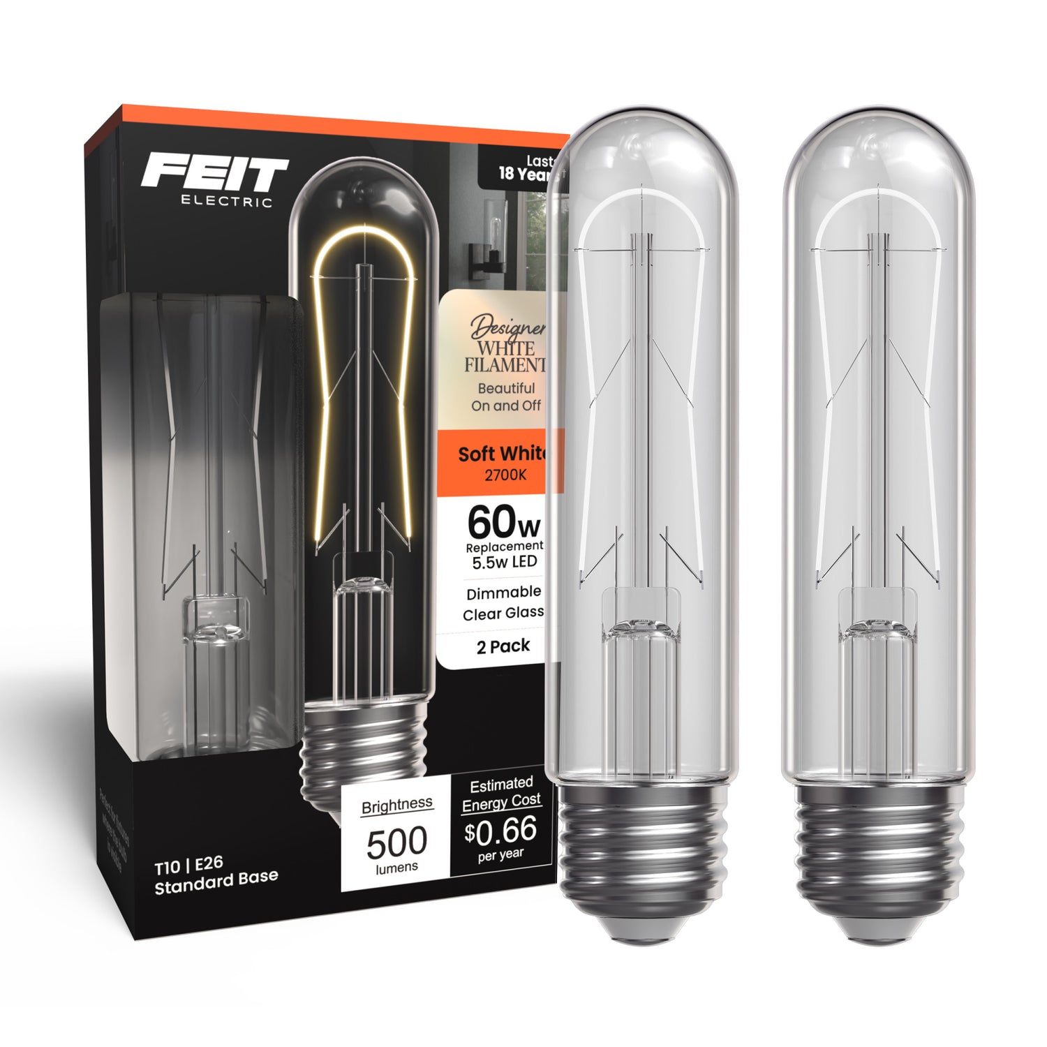 5.5W (60W Replacement) T10 E26 Dimmable Designer U White Filament LED Bulb, Soft White (2-Pack)