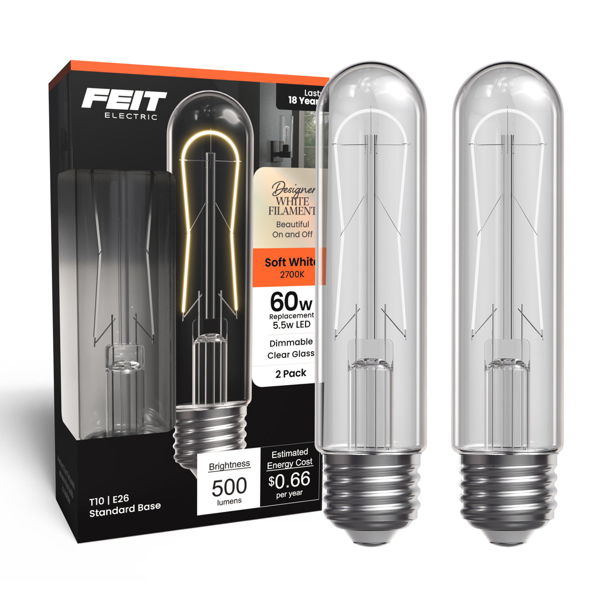 5.5W (60W Replacement) T10 E26 Dimmable Designer U White Filament LED Bulb, Soft White (2-Pack)
