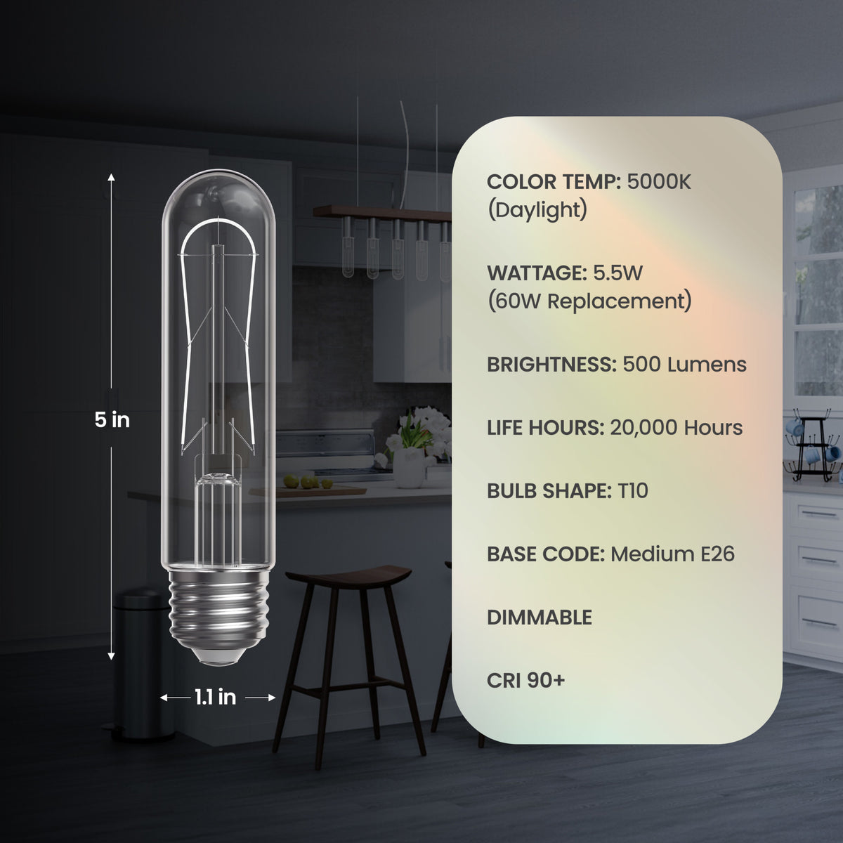 5.5W (60W Replacement) T10 E26 Dimmable Designer U White Filament LED Bulb, Daylight (2-Pack)