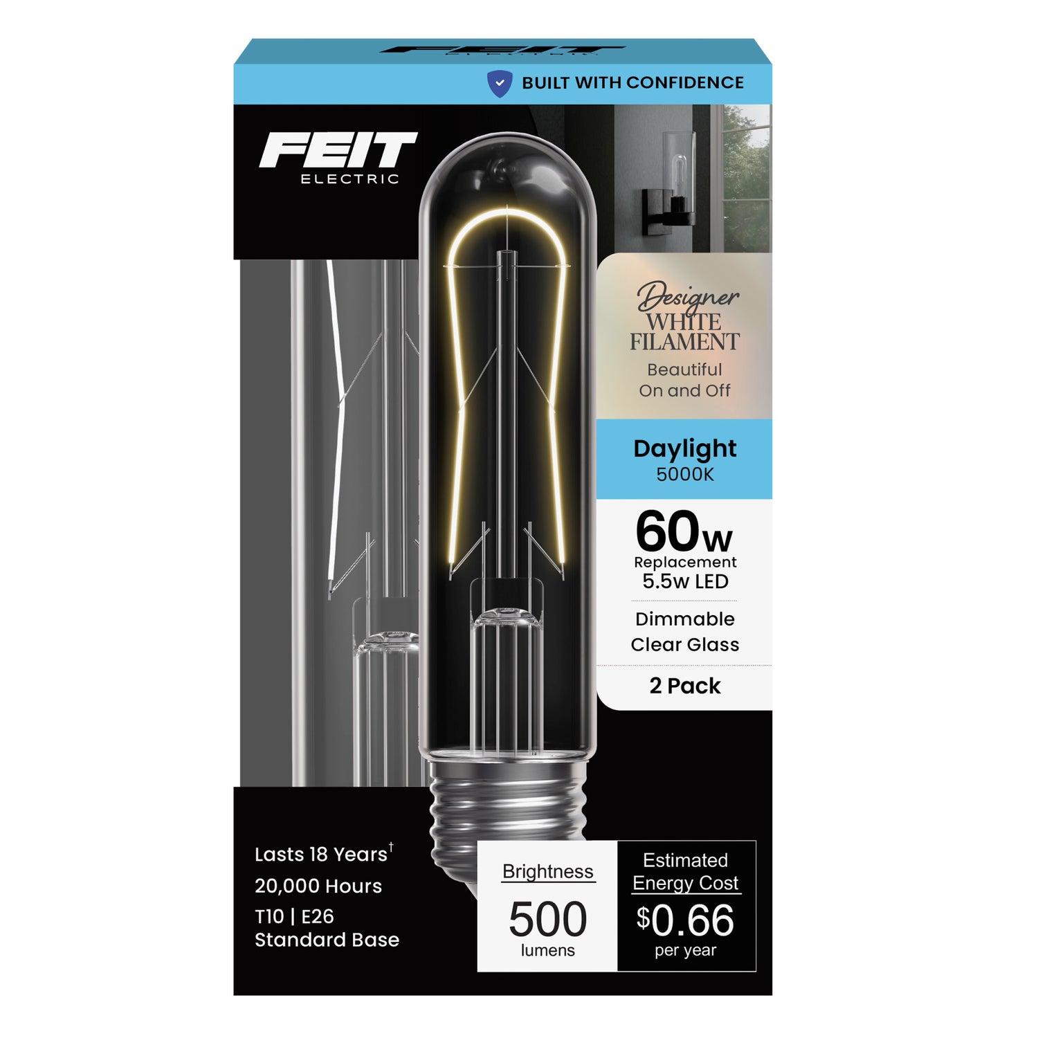 5.5W (60W Replacement) T10 E26 Dimmable Designer U White Filament LED Bulb, Daylight (2-Pack)
