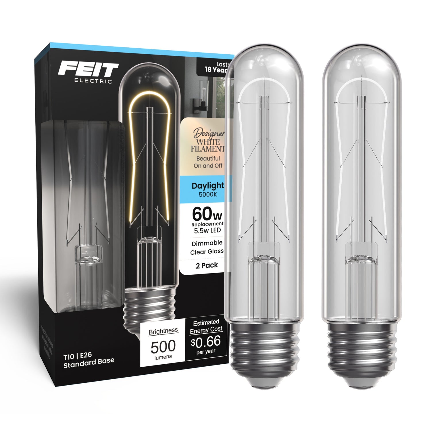 5.5W (60W Replacement) T10 E26 Dimmable Designer U White Filament LED Bulb, Daylight (2-Pack)