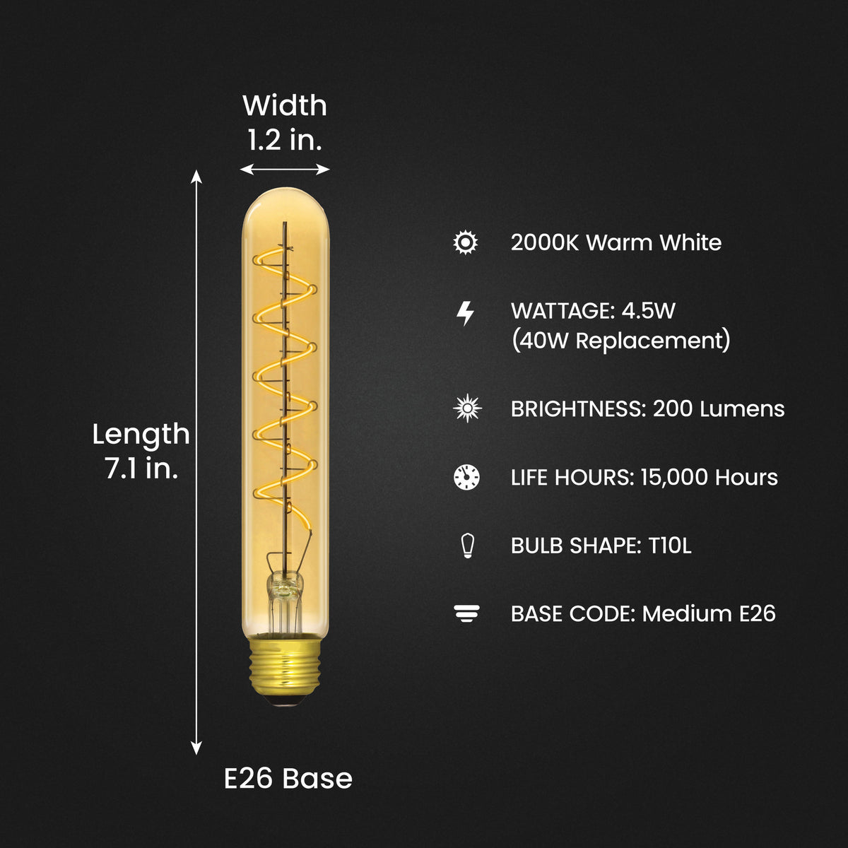 4.5W (40W Replacement) T10 E26 Dimmable Spiral Filament Amber Glass Vintage Edison LED Light Bulb, Soft White