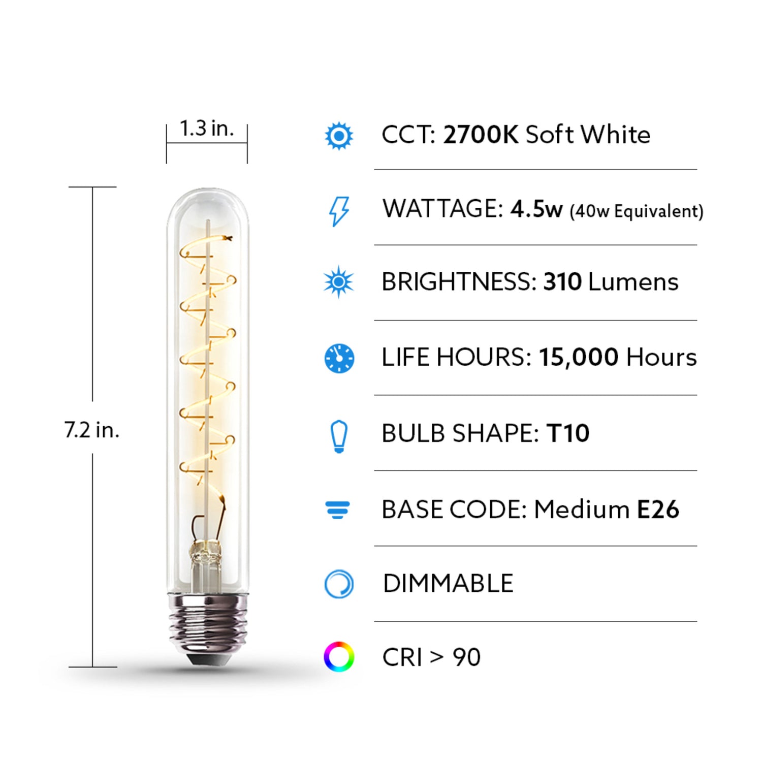 4.5W (40W Replacement) T10 E26 Dimmable Spiral Filament Clear Glass Vintage Edison LED Light Bulb, Soft White