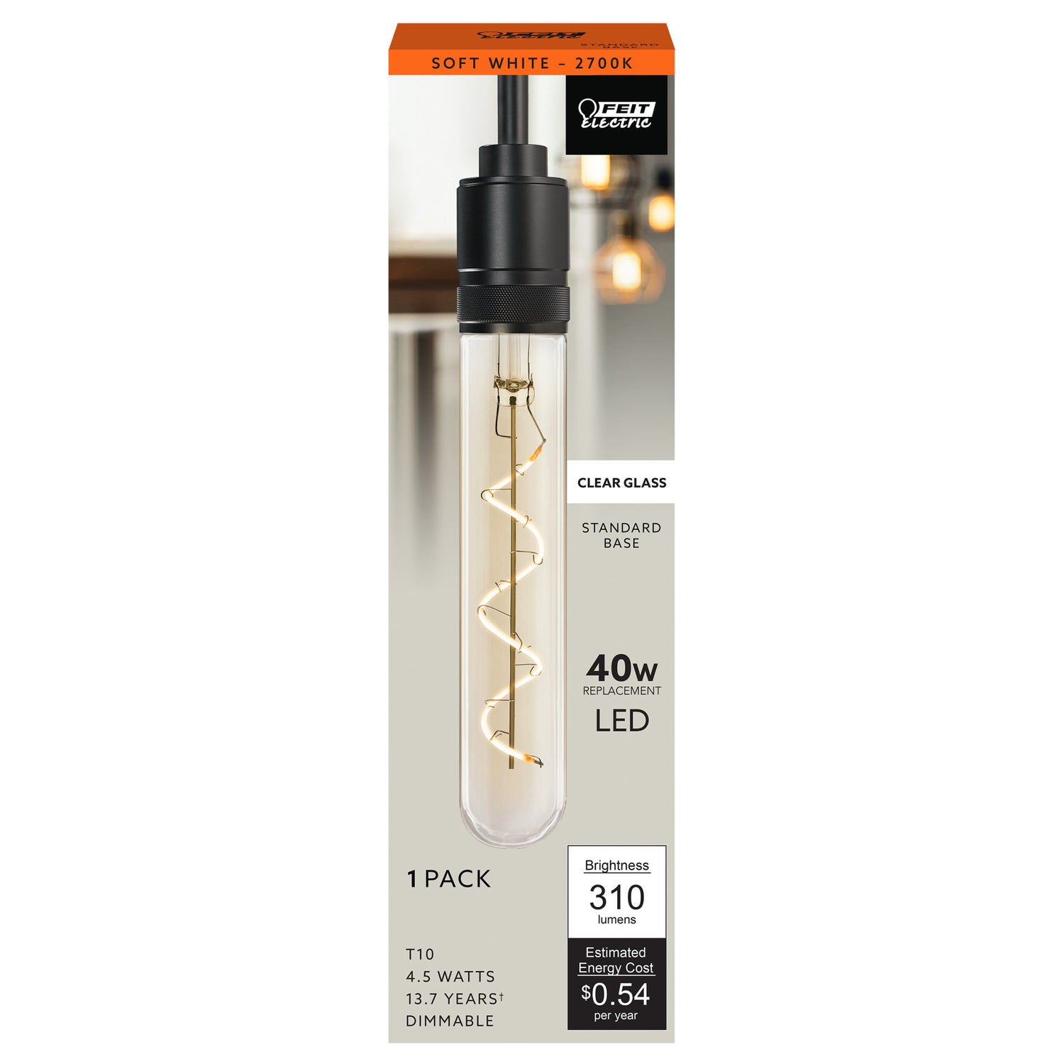 4.5W (40W Replacement) T10 E26 Dimmable Spiral Filament Clear Glass Vintage Edison LED Light Bulb, Soft White