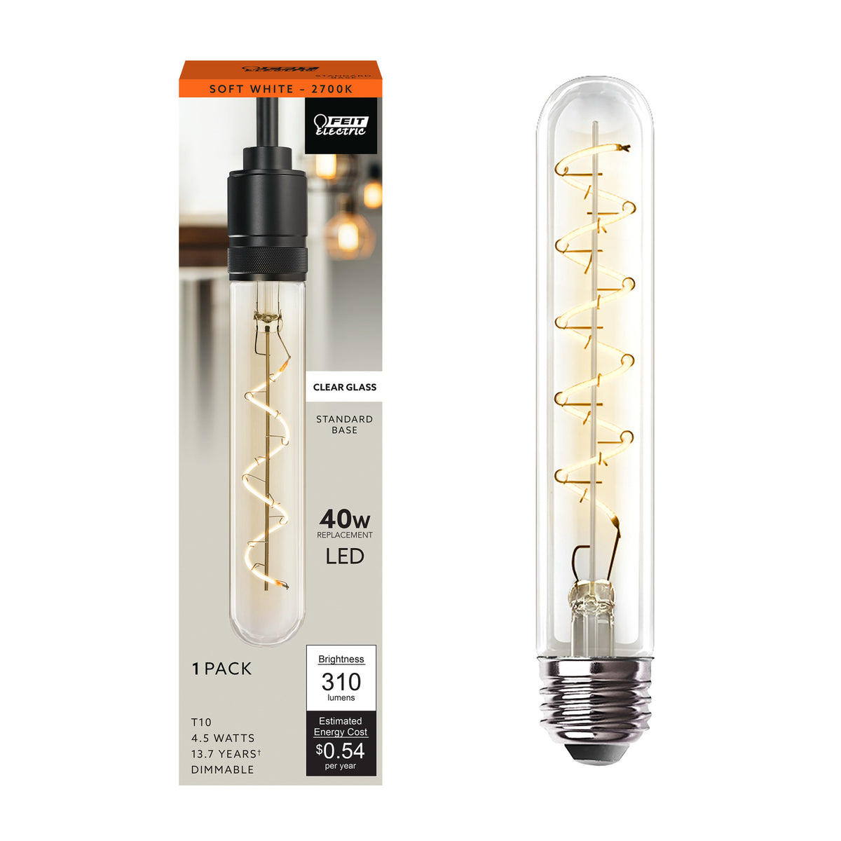 4.5W (40W Replacement) T10 E26 Dimmable Spiral Filament Clear Glass Vintage Edison LED Light Bulb, Soft White