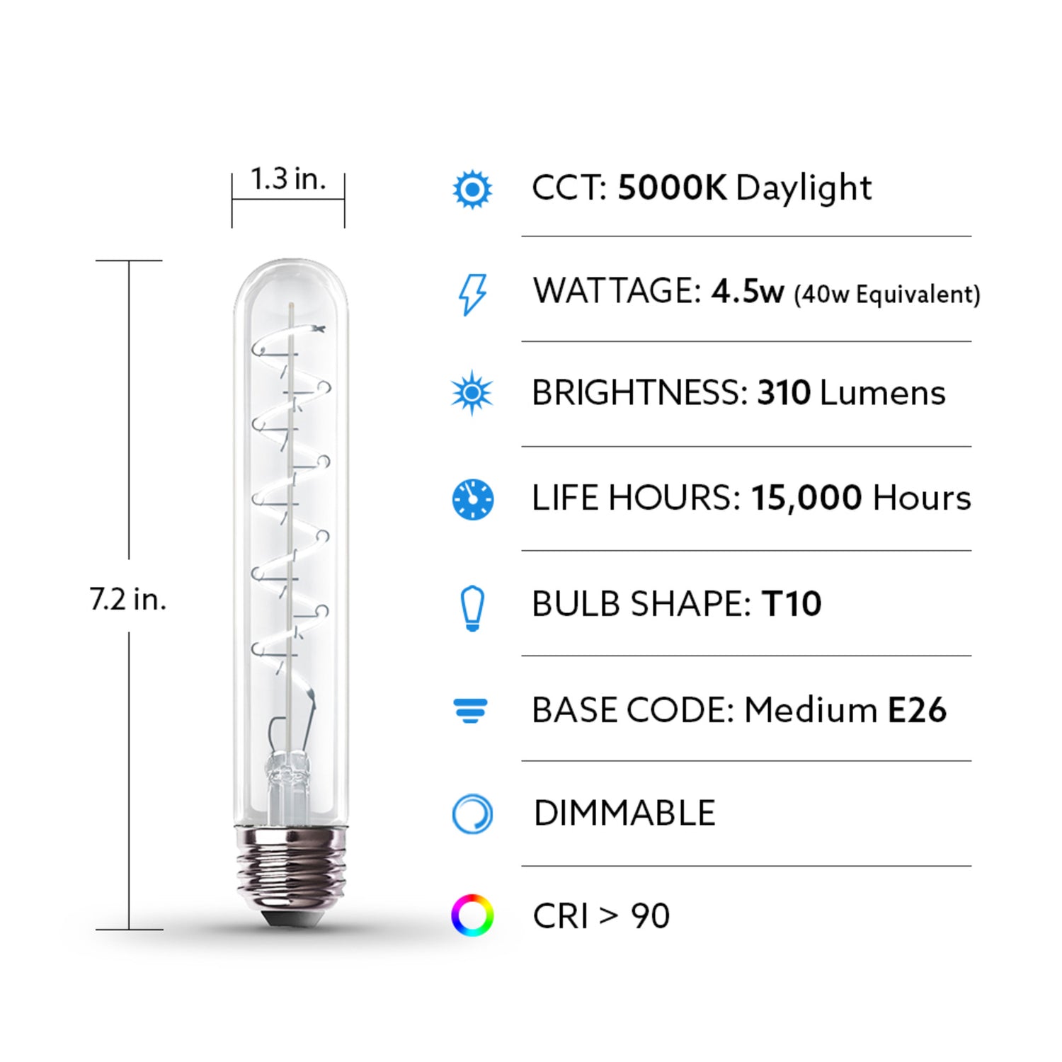 4.5W (40W Replacement) T10 E26 Dimmable Spiral Filament Clear Glass Vintage Edison LED Light Bulb, Daylight
