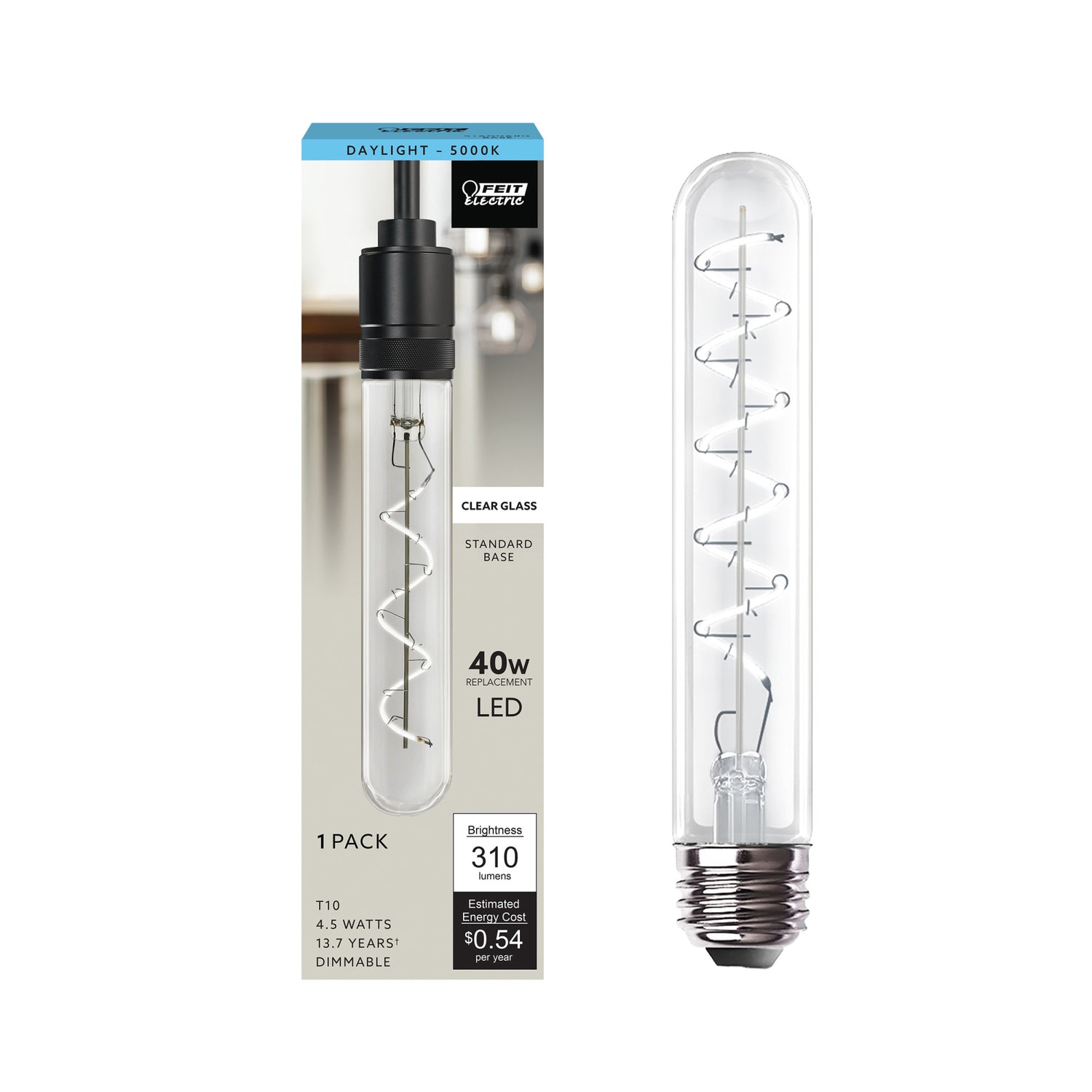 4.5W (40W Replacement) T10 E26 Dimmable Spiral Filament Clear Glass Vintage Edison LED Light Bulb, Daylight