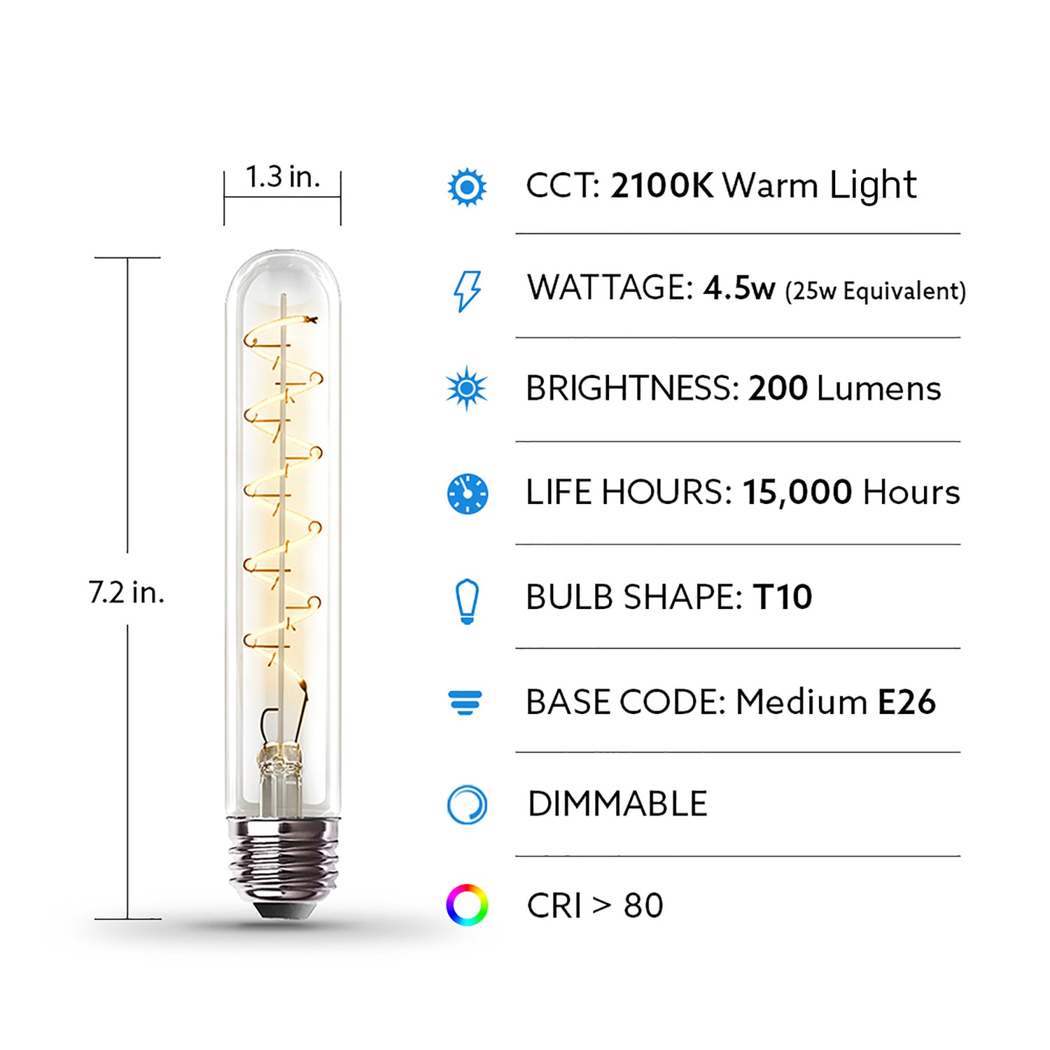 4.5W (25W Replacement) T10 E26 Dimmable Spiral Filament Clear Glass Vintage Edison LED Light Bulb, Warm Light