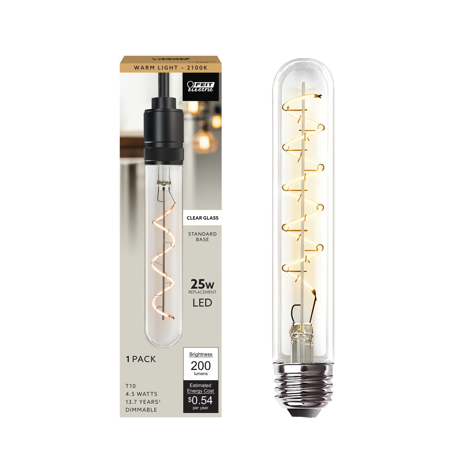 4.5W (25W Replacement) T10 E26 Dimmable Spiral Filament Clear Glass Vintage Edison LED Light Bulb, Warm Light