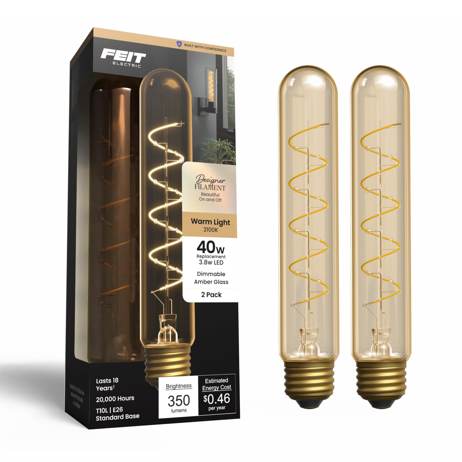 3.8W (40W Replacement) Amber T10 E26 Dimmable Spiral Filament LED Bulb, Warm Light (2-Pack)