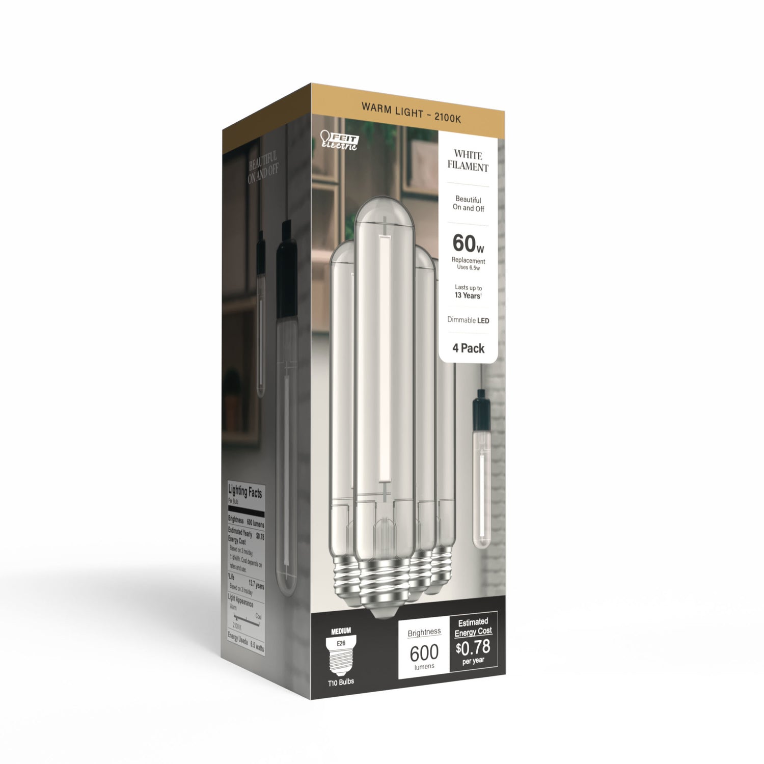 6.5W (60W Replacement) Warm Light (2100K) T10 (E26 Medium Base) Dimmable Exposed White Filament LED Light Bulb (4-Pack)