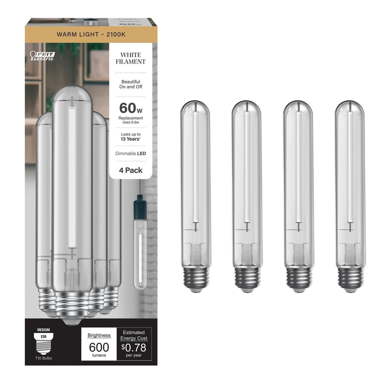 6.5W (60W Replacement) Warm Light (2100K) T10 (E26 Medium Base) Dimmable Exposed White Filament LED Light Bulb (4-Pack)