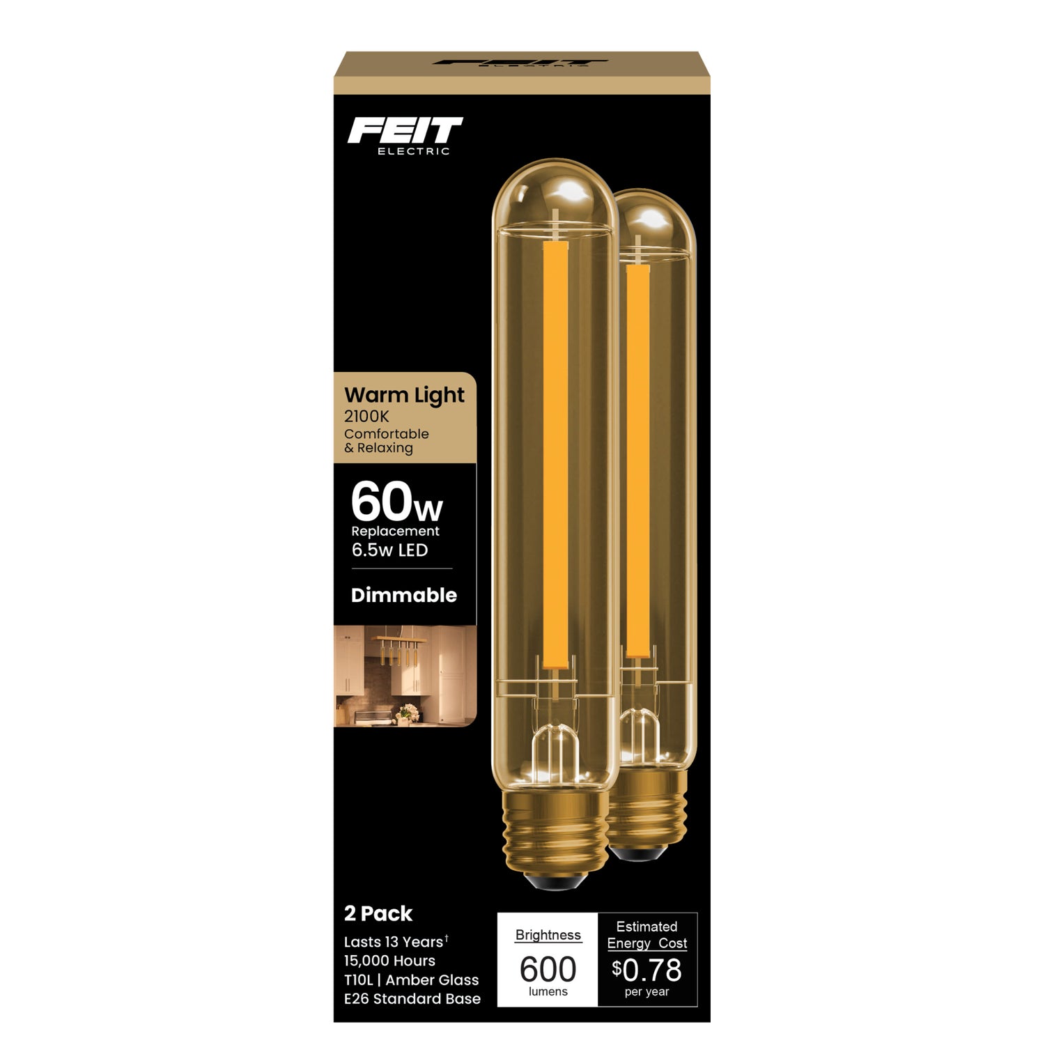 6.5W (60W Replacement) T10 E26 Dimmable Straight Filament Amber Glass Vintage Edison LED Light Bulb, Warm Light (2-Pack)