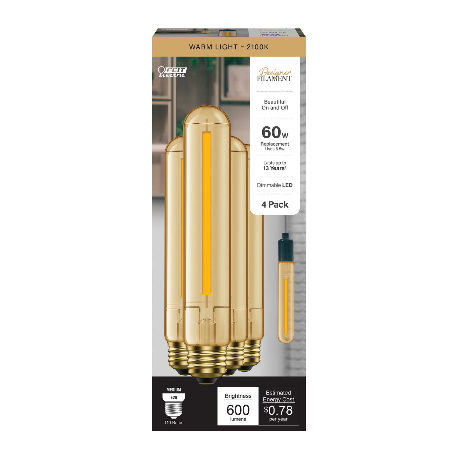 6.5W (60W Replacement) T10 E26 Dimmable Straight Filament Amber Glass Vintage Edison LED Light Bulb, Warm Light (4-Pack)