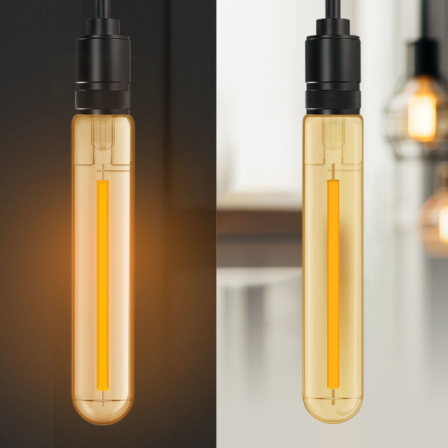 6.5W (60W Replacement) T10 E26 Dimmable Straight Filament Amber Glass Vintage Edison LED Light Bulb, Warm Light (4-Pack)