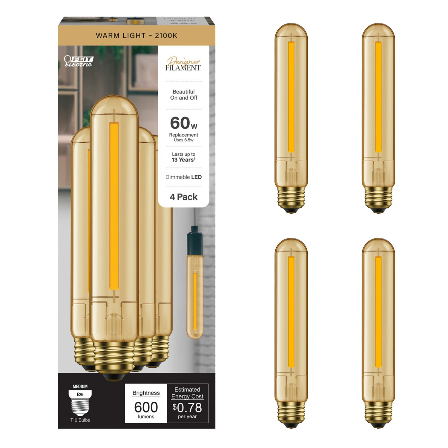 6.5W (60W Replacement) T10 E26 Dimmable Straight Filament Amber Glass Vintage Edison LED Light Bulb, Warm Light (4-Pack)