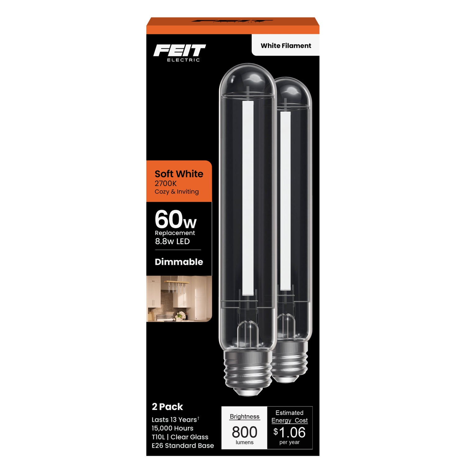 8.8W (60W Replacement) Soft White (2700K) E26 Base T10 Exposed White Filament LED (2-Pack)
