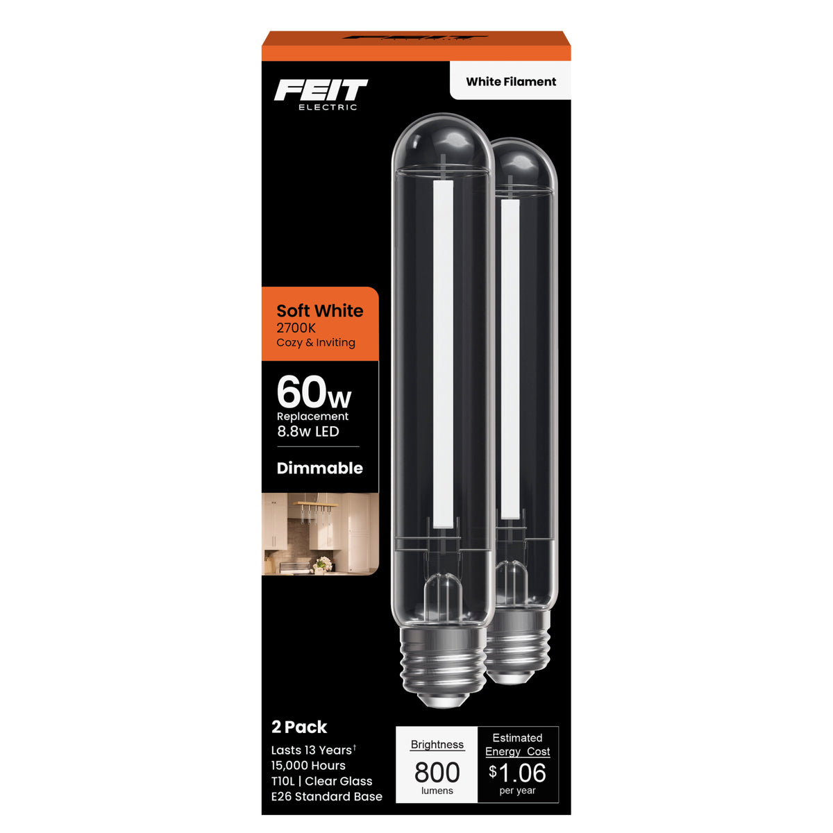 8.8W (60W Replacement) Soft White (2700K) E26 Base T10 Exposed White Filament LED (2-Pack)