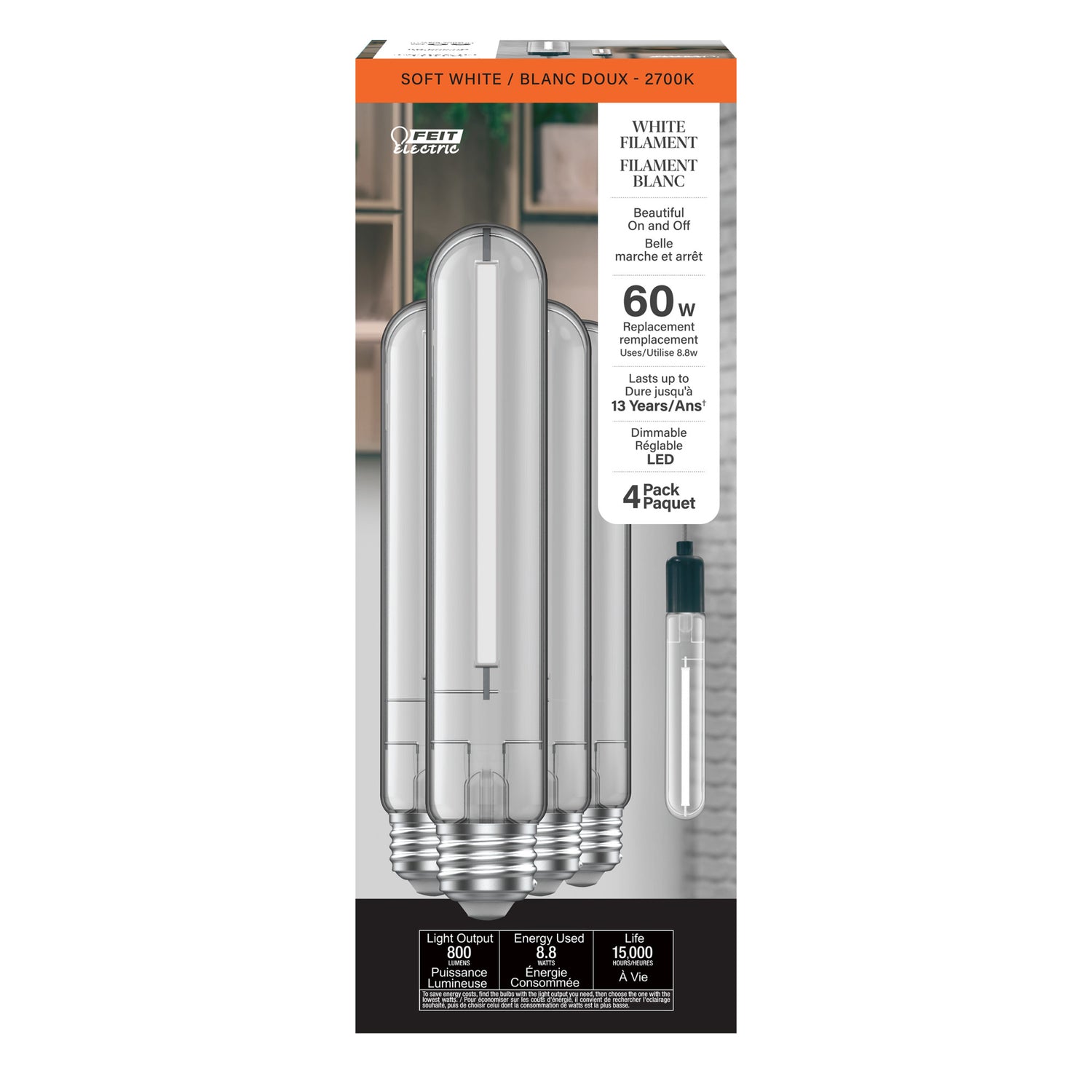8.8W (60W Replacement) Soft White (2700K) E26 Base T10 Exposed White Filament LED (4-Pack)