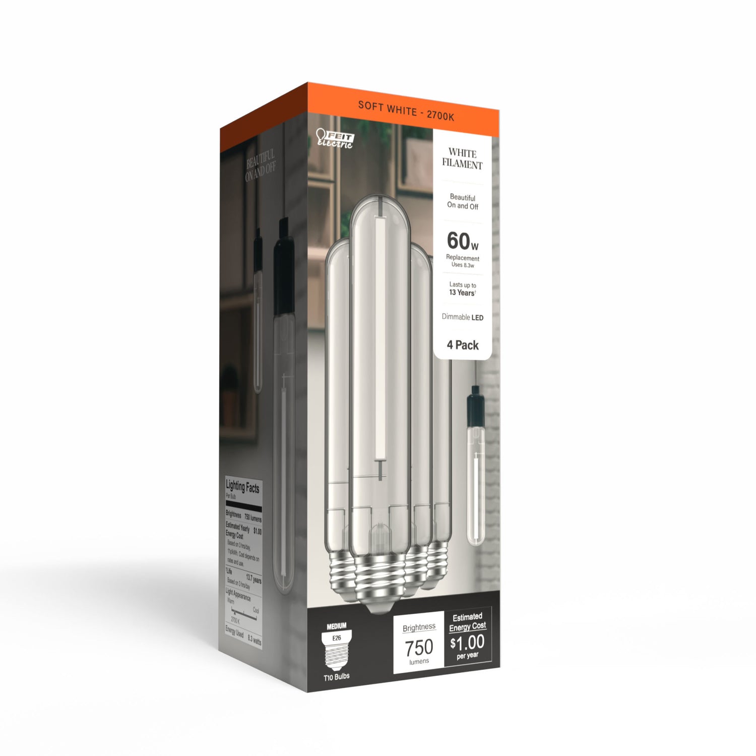8.8W (60W Replacement) Soft White (2700K) E26 Base T10 Exposed White Filament LED (4-Pack)