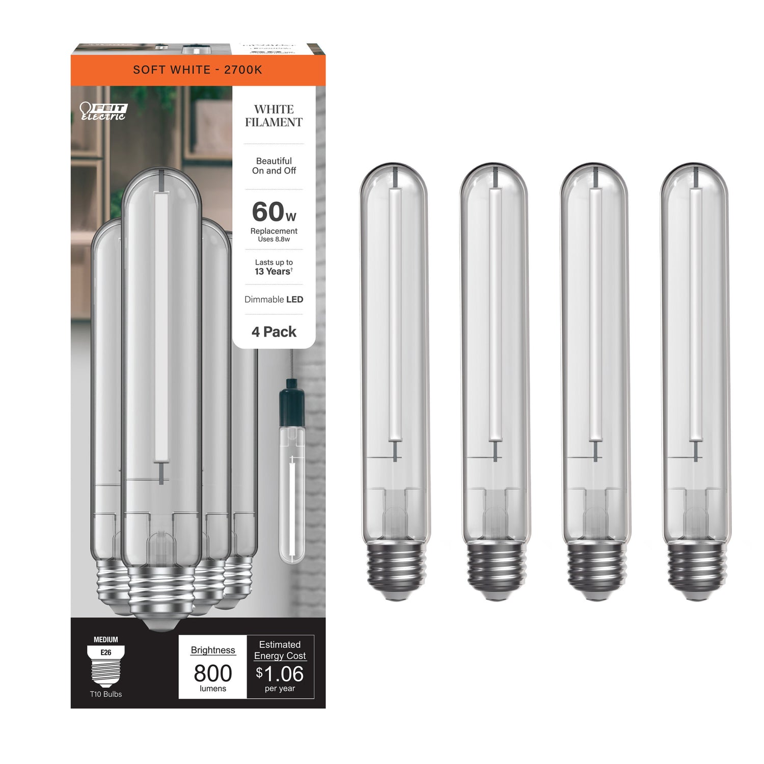 8.8W (60W Replacement) Soft White (2700K) E26 Base T10 Exposed White Filament LED (4-Pack)