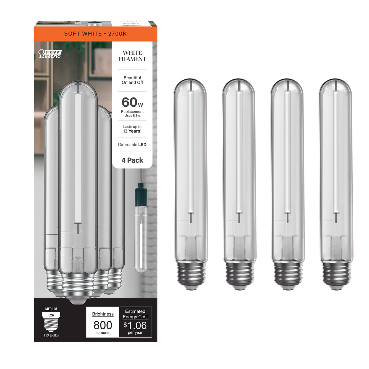 8.8W (60W Replacement) Soft White (2700K) E26 Base T10 Exposed White Filament LED (4-Pack)