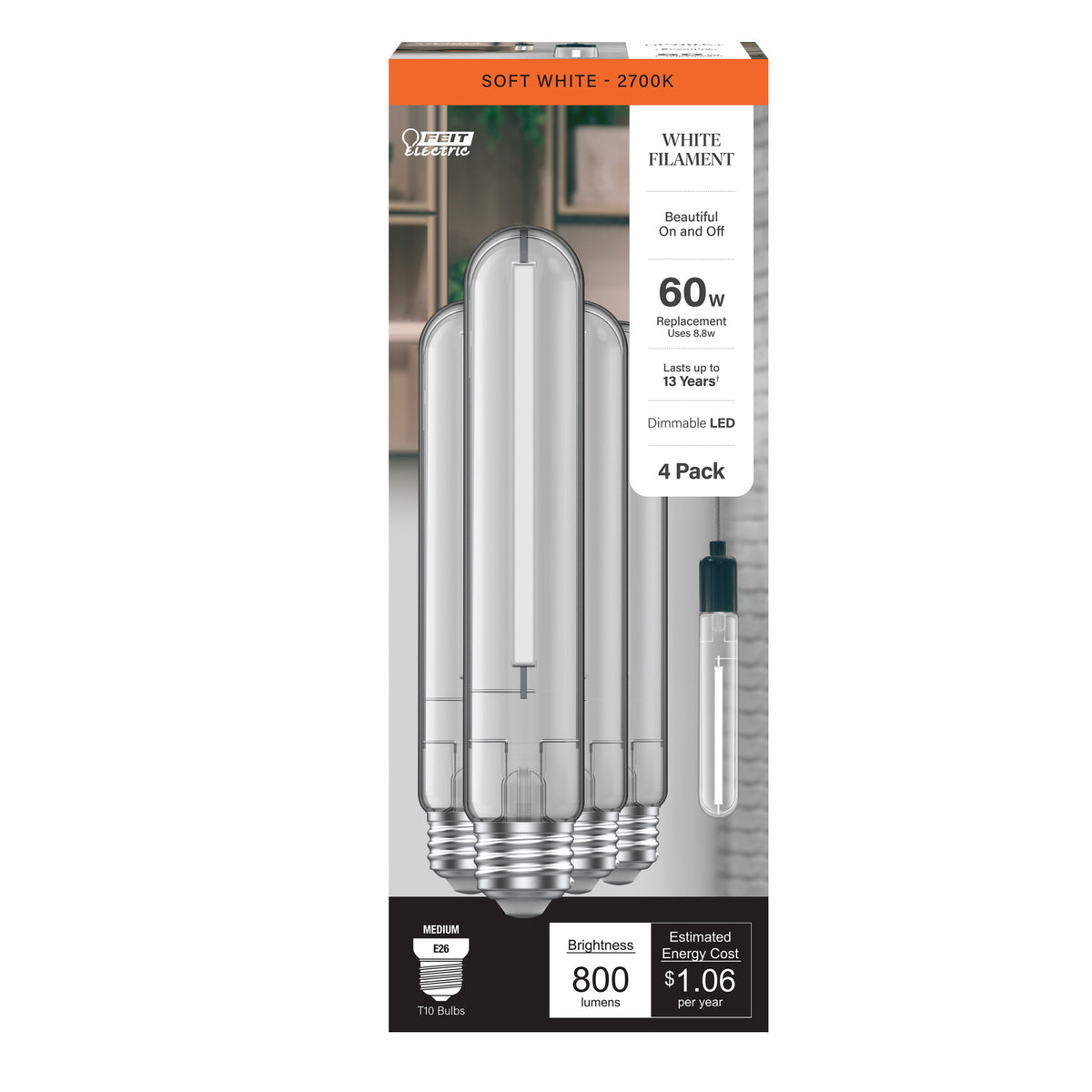8.8W (60W Replacement) Soft White (2700K) E26 Base T10 Exposed White Filament LED (4-Pack)