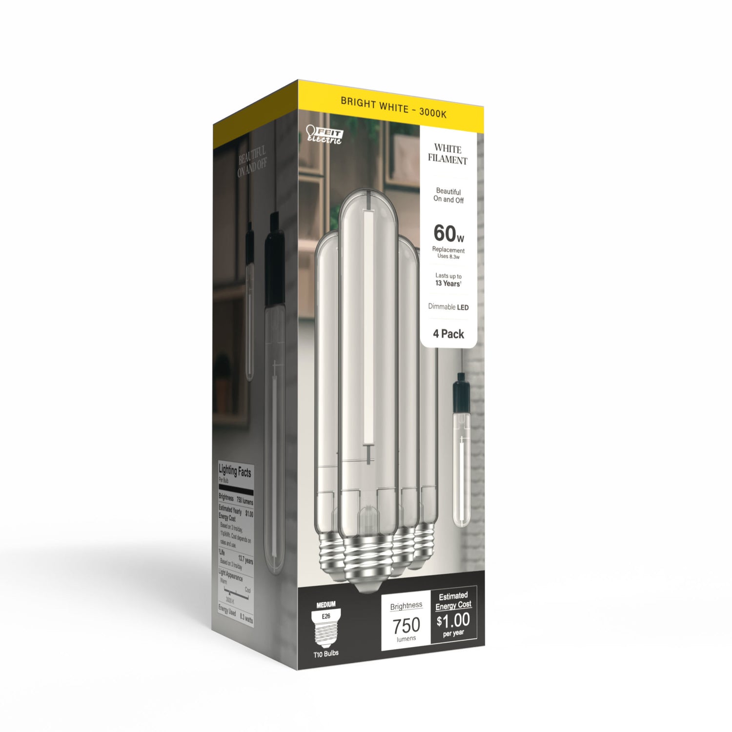 8.8W (60W Replacement) Bright White (3000K) E26 Base T10 Exposed White Filament LED (4-Pack)