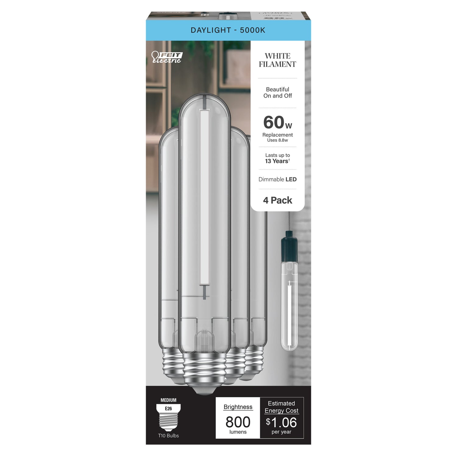8.8W (60W Replacement) Daylight (5000K) E26 Base T10 Exposed White Filament LED (4-Pack)