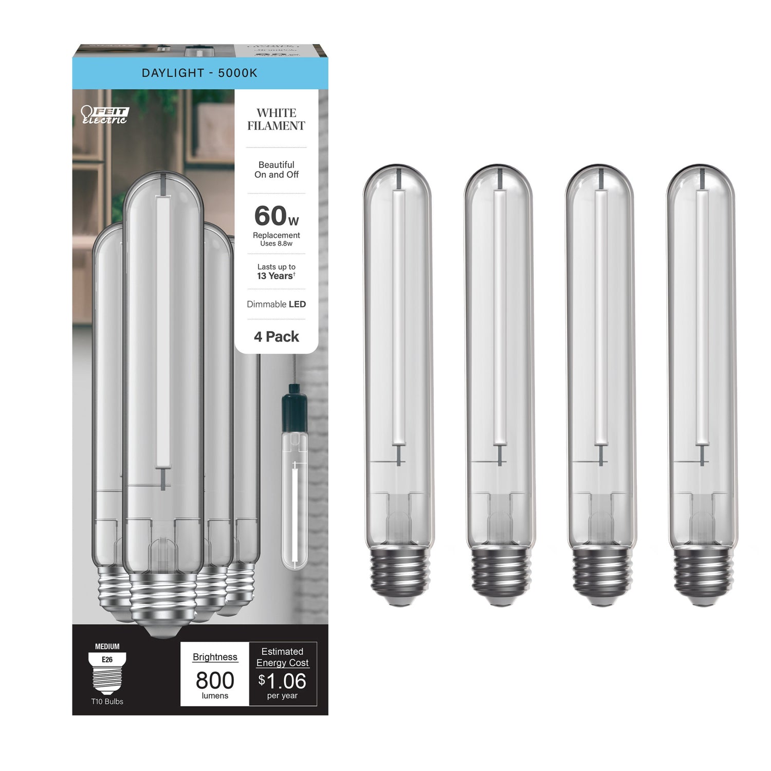 8.8W (60W Replacement) Daylight (5000K) E26 Base T10 Exposed White Filament LED (4-Pack)