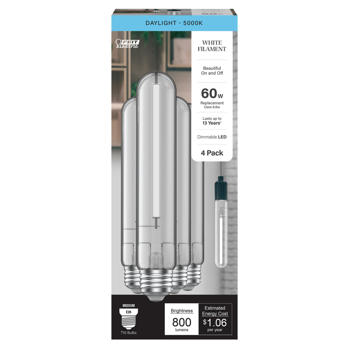 8.8W (60W Replacement) Daylight (5000K) E26 Base T10 Exposed White Filament LED (4-Pack)