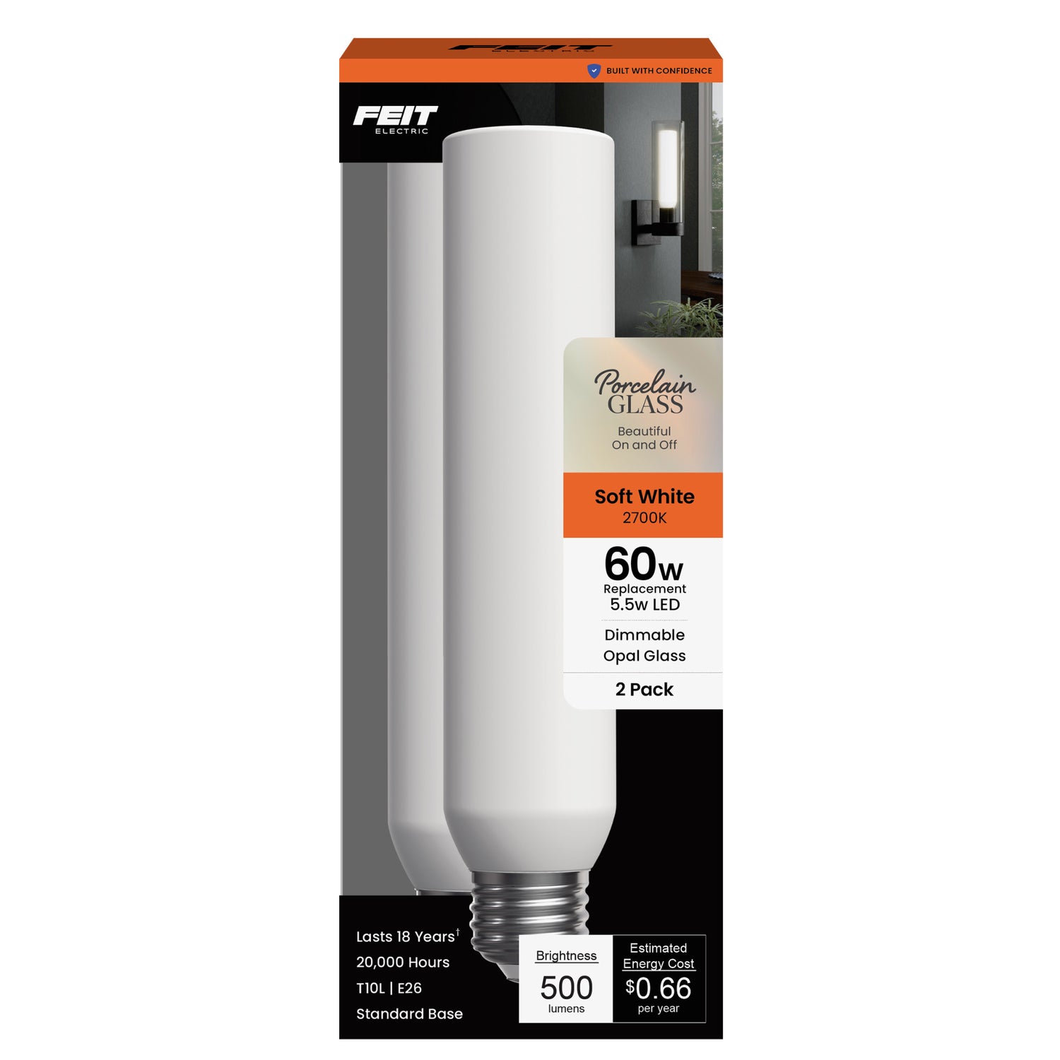 5.5W (60W Replacement) T10 E26 Dimmable Porcelain LED Bulb, Daylight (2-Pack)