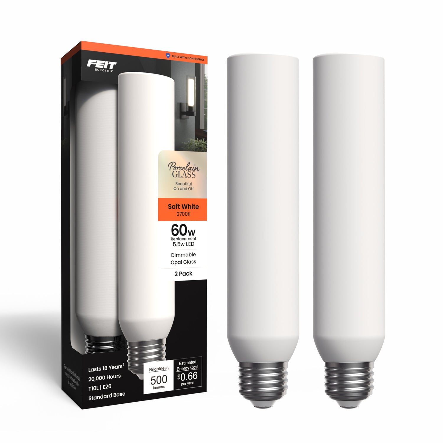 5.5W (60W Replacement) T10 E26 Dimmable Porcelain LED Bulb, Daylight (2-Pack)