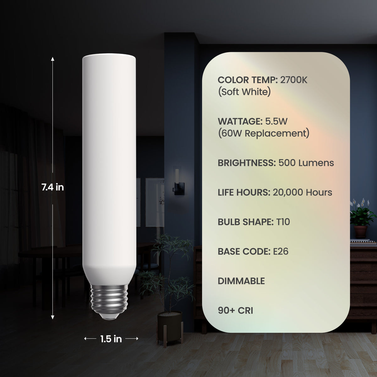 5.5W (60W Replacement) T10 E26 Dimmable Porcelain LED Bulb, Daylight (2-Pack)