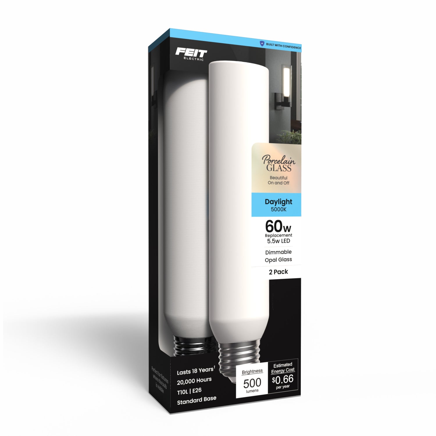 5.5W (60W Replacement) T10 E26 Dimmable Porcelain LED Bulb, Daylight (2-Pack)