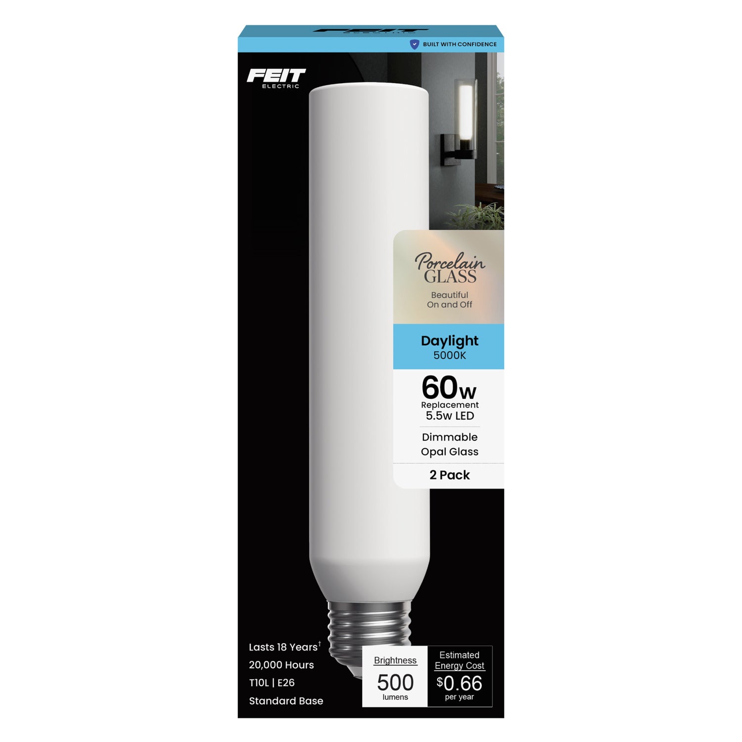 5.5W (60W Replacement) T10 E26 Dimmable Porcelain LED Bulb, Daylight (2-Pack)