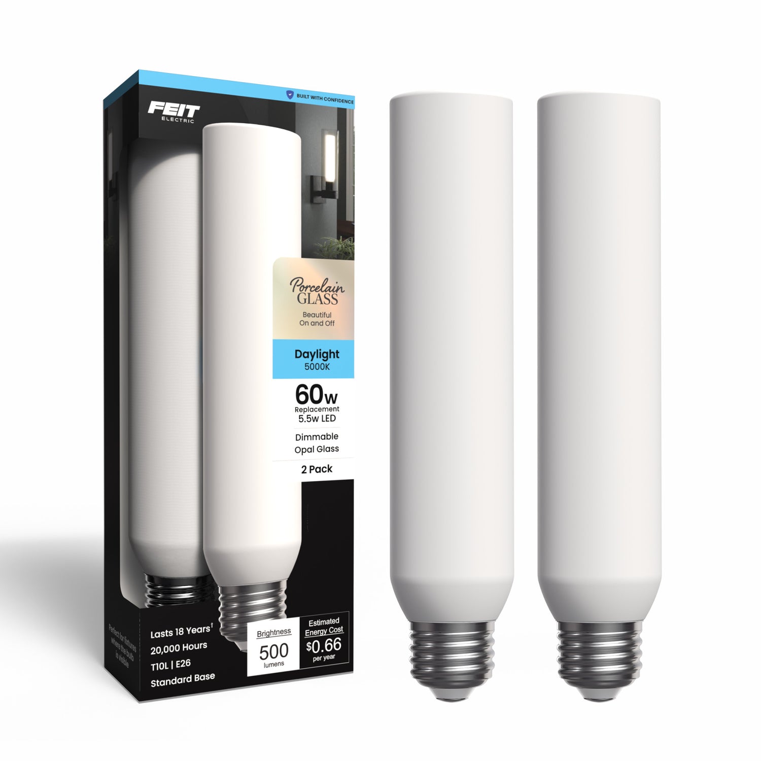 5.5W (60W Replacement) T10 E26 Dimmable Porcelain LED Bulb, Daylight (2-Pack)